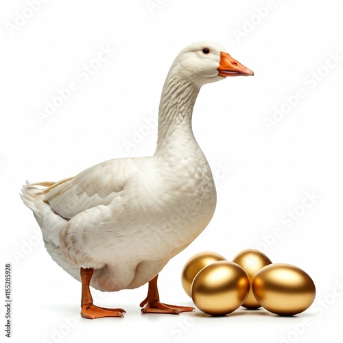 white goose with golden eggs isolated on white