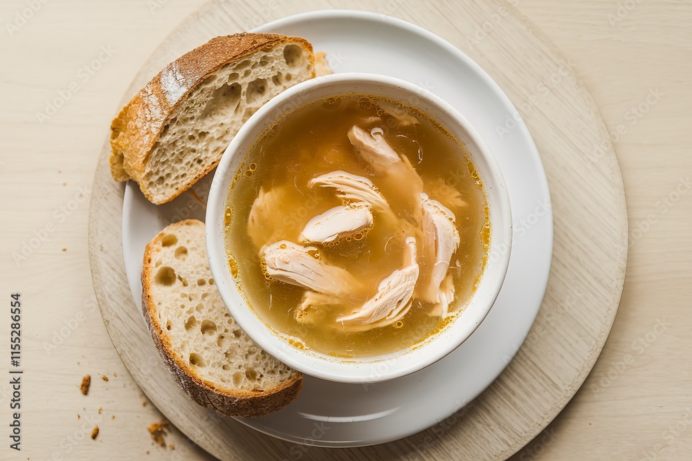 bowl of chicken soup with a slice of bread on a light wooden background. bowl of chicken soup with a slice of bread on a light wooden background.