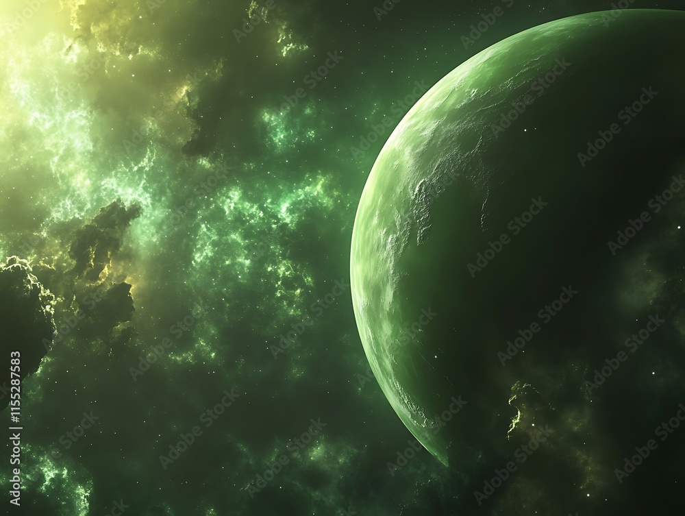 Obraz premium Stunning Digital Painting: Ethereal Green Planet Mysteriously Orbiting a Nebula. AI Generated