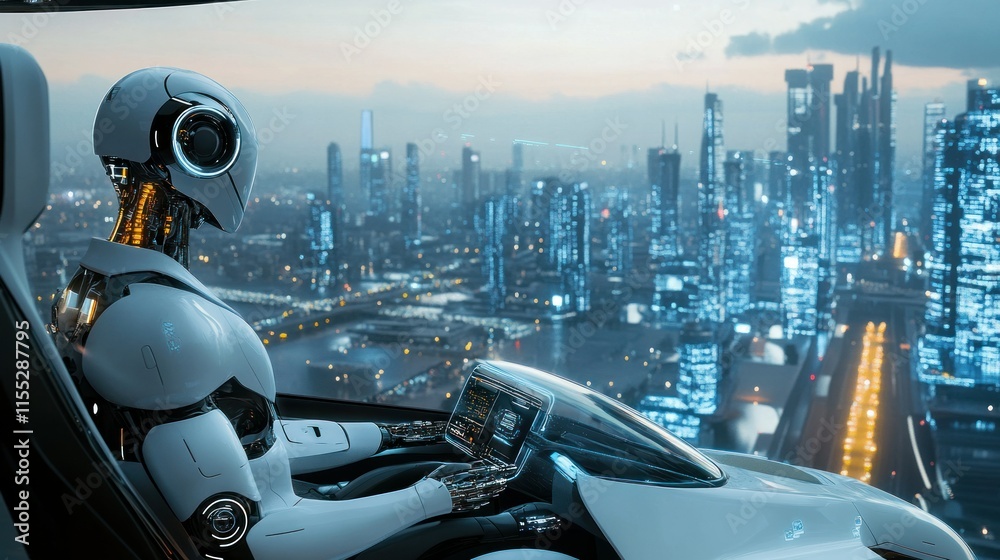 A robot driver in an autonomous flying car cruising above a futuristic megacity, the sprawling urban landscape glowing with advanced technology A robot driver in an autonomous flying car cruising above a futuristic megacity, the sprawling urban landscape glowing with advanced technology