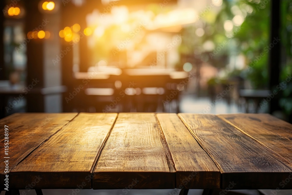 Empty wooden table with bright white interior of kitchen as blurred background behind golden sunshin bokeh Empty wooden table with bright white interior of kitchen as blurred background behind golden sunshin bokeh