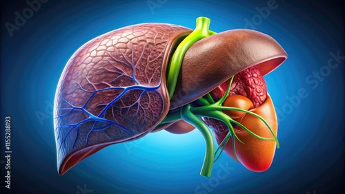 High-resolution 3D render of human liver and gallbladder. Dark blue backdrop showcases realistic anatomy. photo