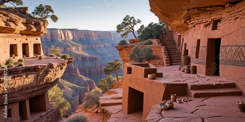 Ancient Puebloan Cliff Dwellings Overlooking Canyon with Red Rock and Trees photo