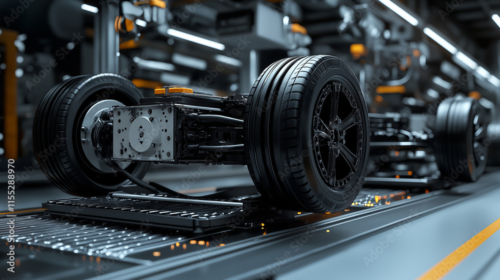 Fototapeta premium View of electric car assembly line showcasing chassis and wheels in a modern manufacturing facility