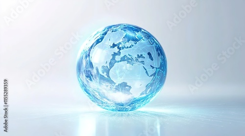 3D rendering of a transparent blue glass globe with a light effect on a white background photo