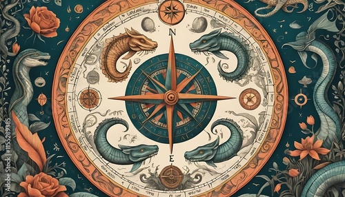 Ornate Compass Rose Surrounded By Mythical Creatures And Flowers