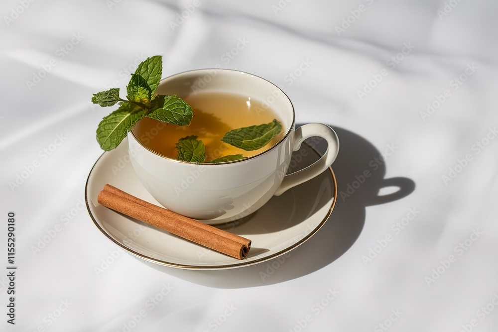 a white cup with mint tea and a few mint leaves on a white background a white cup with mint tea and a few mint leaves on a white background
