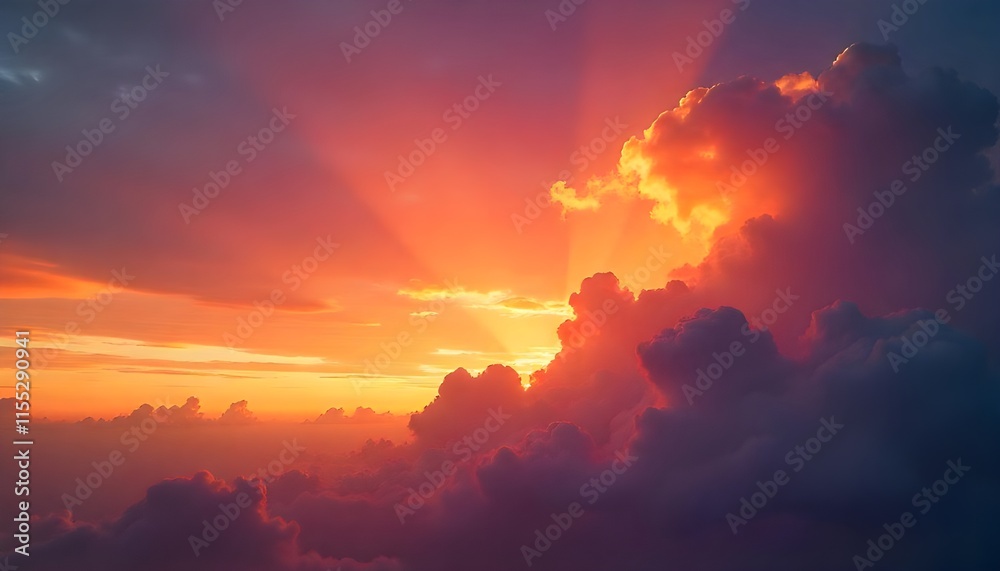A dramatic and beautiful sunset with colorful clouds and sky, creating a stunning, vibrant atmosphere