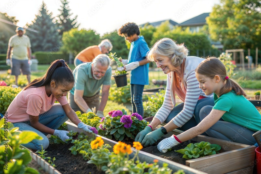 A diverse group of individuals of all ages working together in a community garden. They are planting flowers and vegetables, fostering teamwork, sustainability, and a sense of togetherness. A diverse group of individuals of all ages working together in a community garden. They are planting flowers and vegetables, fostering teamwork, sustainability, and a sense of togetherness.