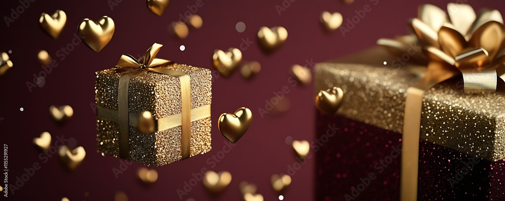 Golden wrapped gift with floating gold hearts on a luxurious burgundy background Golden wrapped gift with floating gold hearts on a luxurious burgundy background
