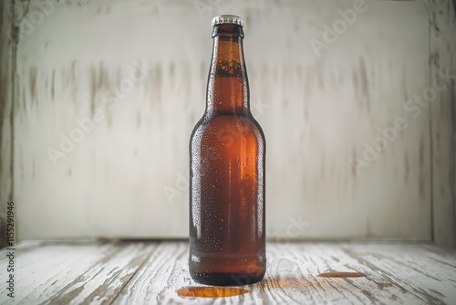 a cold bottle of beer with condensation drops on a white rustic background photo