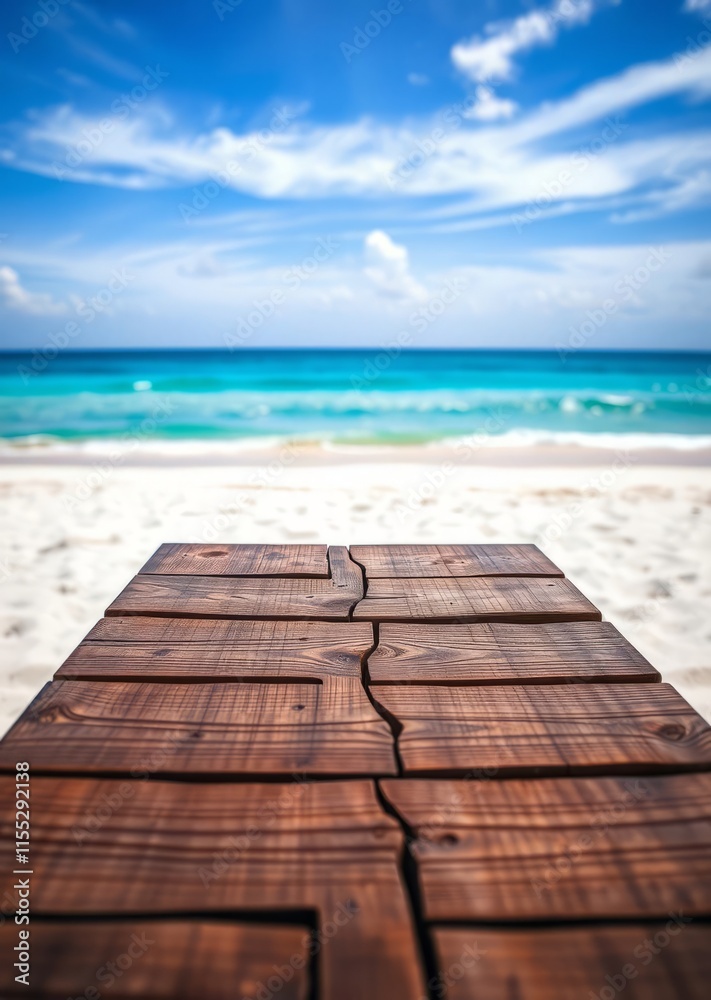 Fototapeta premium Beach Wallpaper of Wooden table with defocused blue sea white sand beach background beach wallpaper summer wallpaper beach background tropical nature 