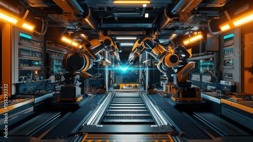 Advanced Automotive Welding Station: Robotic Arms in Pristine Factory, Blue Arc Reflections, Aerospace Precision, and Cool Metallic Tones with Orange Sparks.