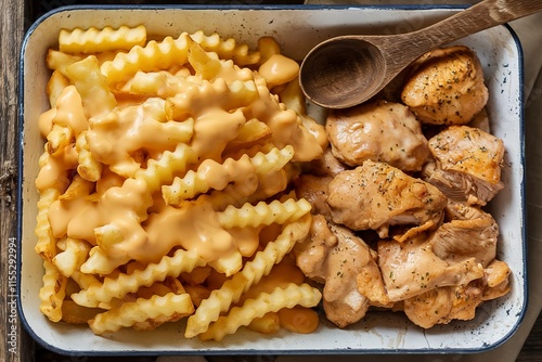 A photo of a rustic white tray with chunks of chicken and crinkle-cut fries photo