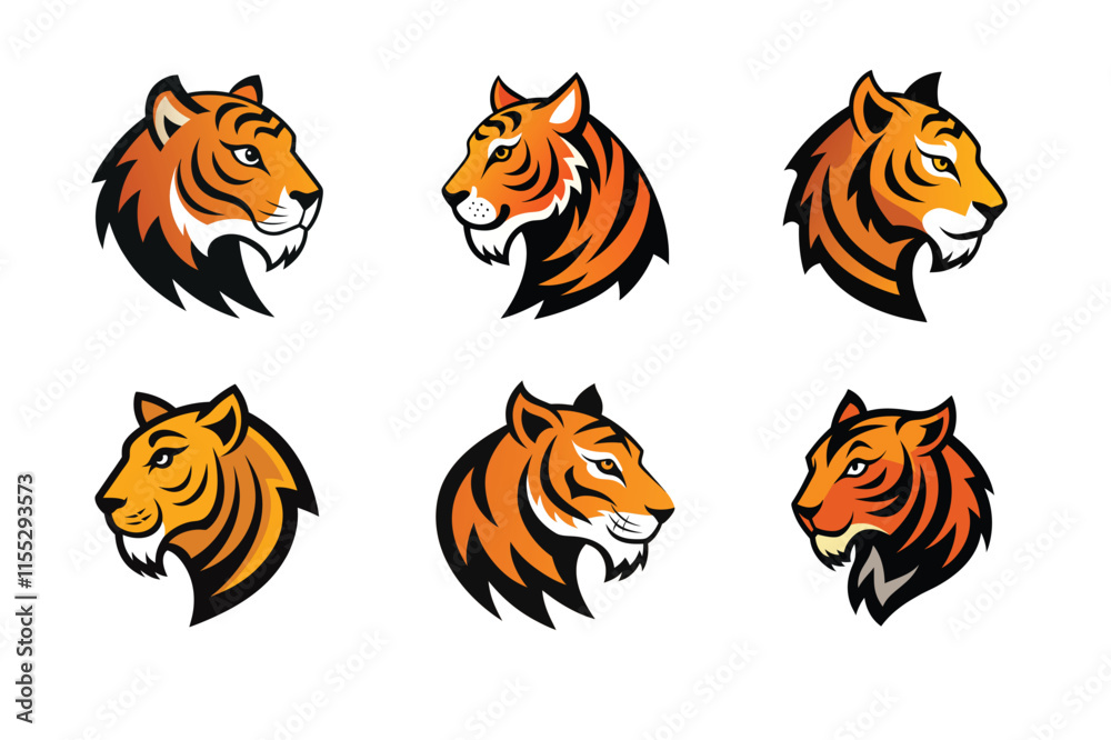 Tiger head mascot icon vector illustration. Animal head logo set