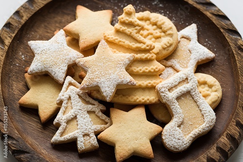 A rustic wooden board with a variety of traditional festive cookies