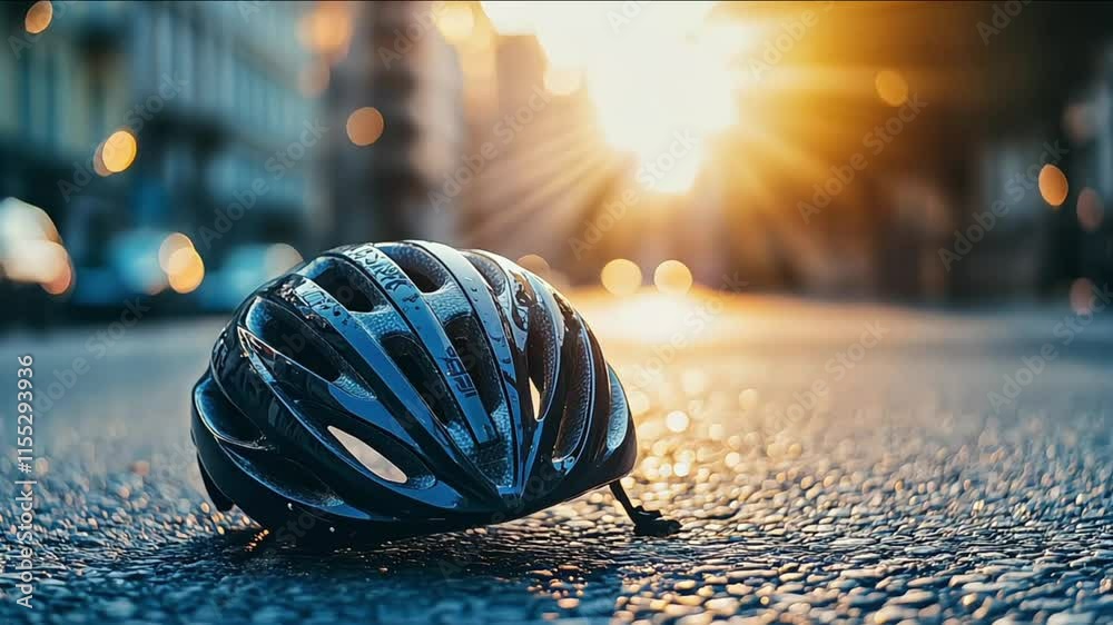 Urban scene with a bike crash road accident lying on the ground, helmet in the middle of the city. Bike crash road accident