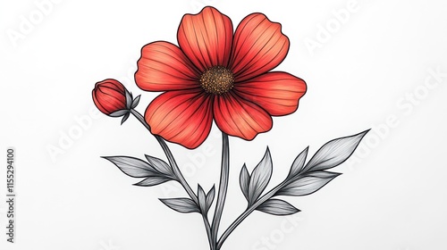 Detailed drawing of a red flower with bud and leaves. photo