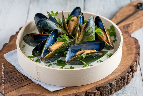 boiled green mussels with herbs in a wooden tray