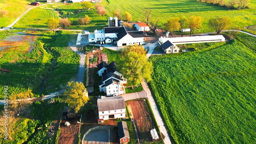 Aerial view of Amish Village in Pennsylvania, capturing the serene countryside, traditional Amish homes, farmland, and horse-drawn buggies, offering a peaceful glimpse into rural life.