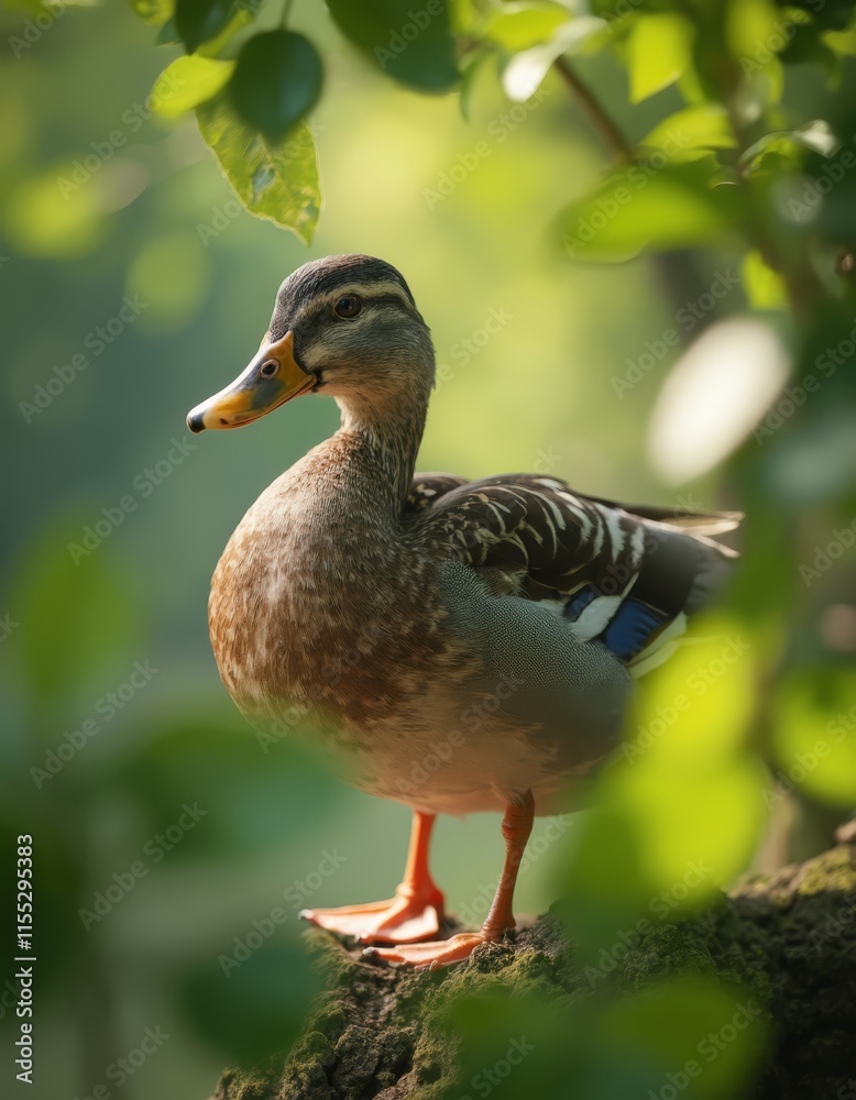 A duck standing on a tree branch in the sunlight A duck standing on a tree branch in the sunlight