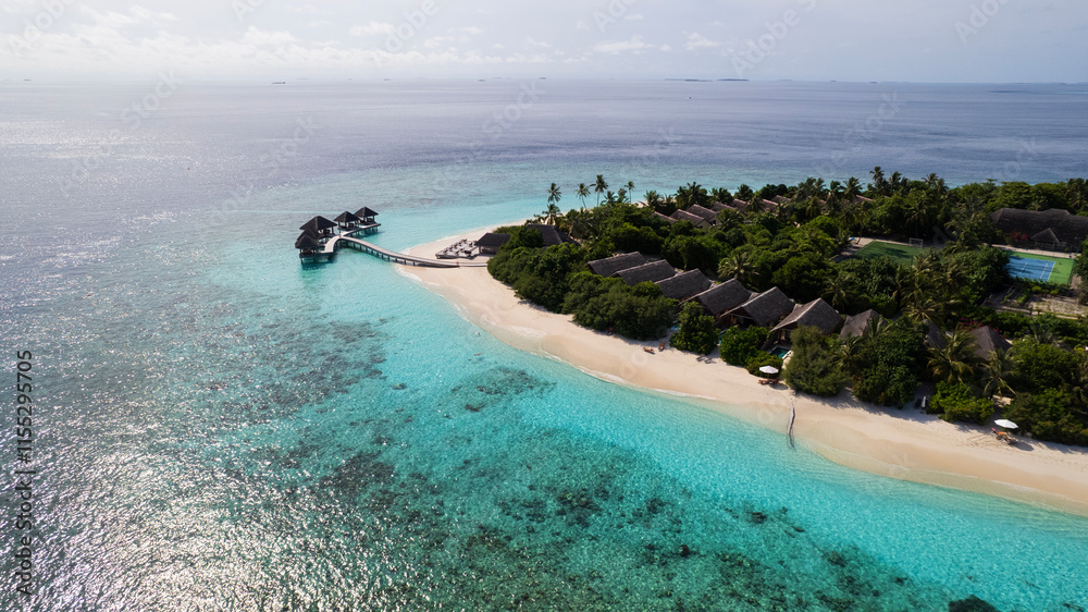 Turquoise clear water and the green island of Maldives. Top view of the ocean and the reef. Palm trees grow on the island. There are bungalows and villas. White sand on the beach. Fish are visible