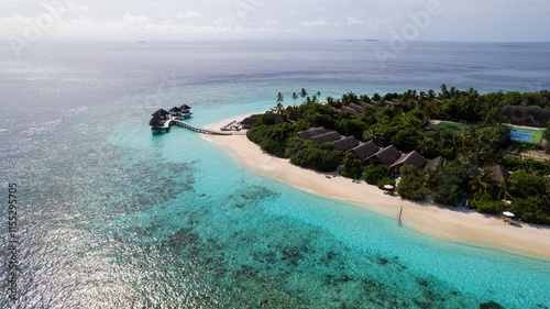 Obraz na płótnie Turquoise clear water and the green island of Maldives. Top view of the ocean and the reef. Palm trees grow on the island. There are bungalows and villas. White sand on the beach. Fish are visible w salonie