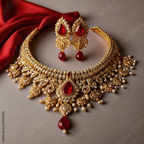 Close-up of a traditional Indian bridal gold jewelry set with intricate designs, including necklace, earrings, and bangles, displayed on a velvet background,Generative Ai
