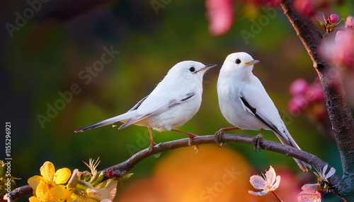 white dove on branch,Small white bird perched on top of a frost-covered branch, winter scene.A white bird perched on a tree branch among
