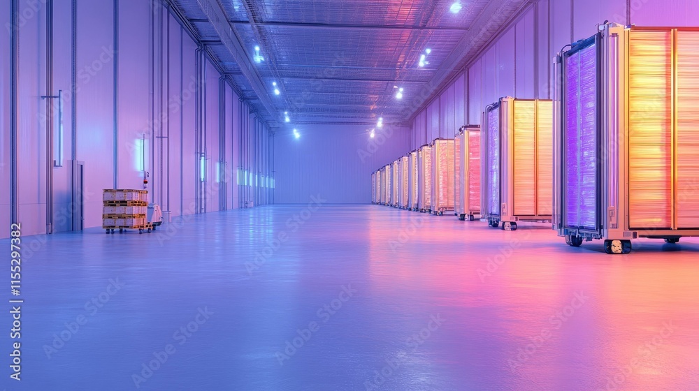 Fototapeta premium Illuminated storage units in a large warehouse.