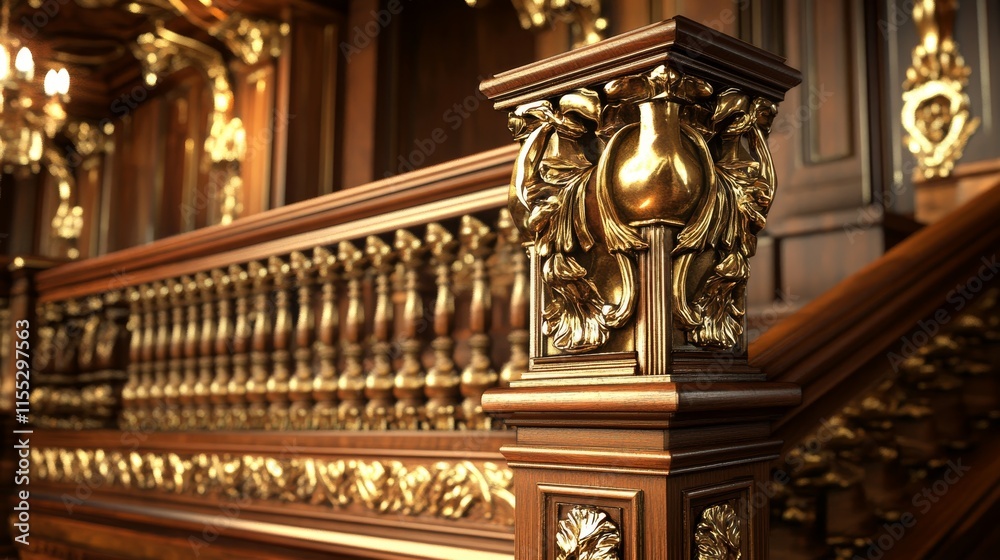 Fototapeta premium Ornate wooden staircase railing with intricate gold detailing and craftsmanship.