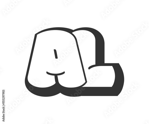 AL logo, bubble comic lettering, rounded in graffiti style black and white silhouette. Trendy preschool A and L letter text for festival party, personal initials, children funky print and web.