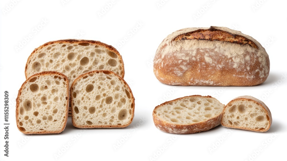 Freshly Baked Artisan Bread on Wooden Background with Sliced Loaves and Crusty Whole Loaf for Culinary and Baking Contexts Freshly Baked Artisan Bread on Wooden Background with Sliced Loaves and Crusty Whole Loaf for Culinary and Baking Contexts
