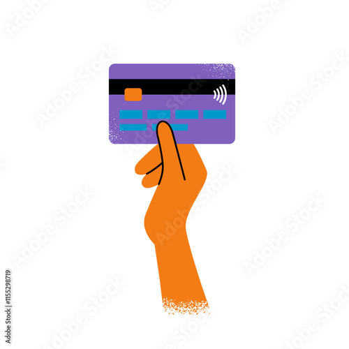 hand holds a plastic card isolated on a white background. the concept of financial instruments. flat drawing with texture. stock vector illustration. EPS 10.