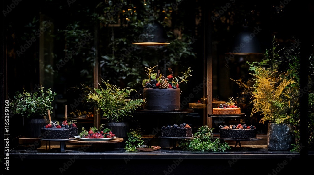 Dark moody bakery window display with cakes, berries, and greenery. Dark moody bakery window display with cakes, berries, and greenery.
