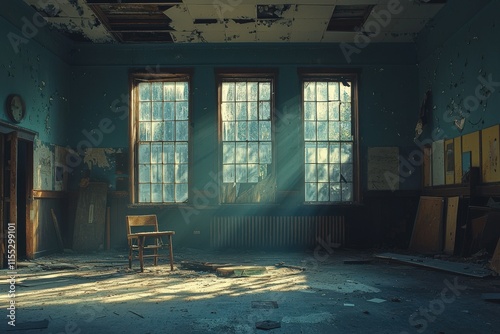 Abandoned school interior slung derelict forsaken outcast photo