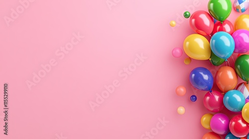 Colorful party balloons in various shapes and sizes scattered across a vibrant pink background for festive and joyful celebrations