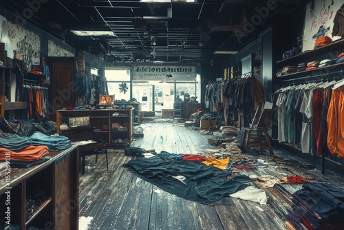 Abandoned clothing store interior slung derelict forsaken outcast photo