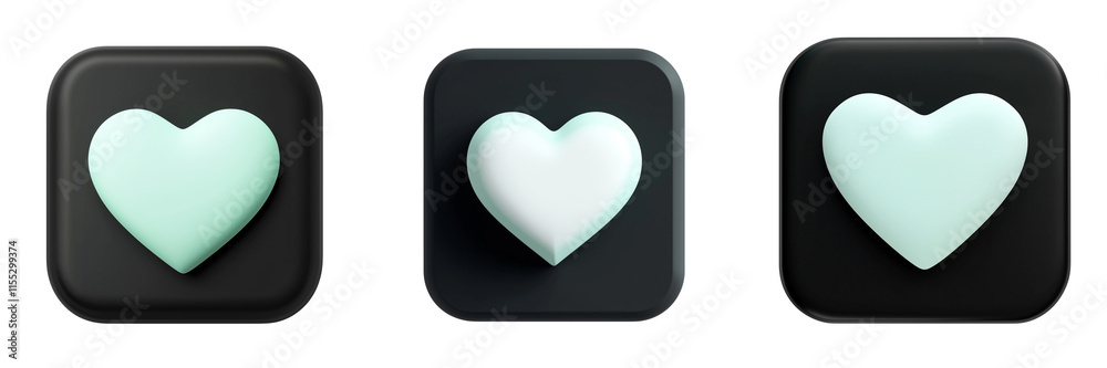 set of A 3D minimalist square app icon with a mint green heart on a Transparent Background set of A 3D minimalist square app icon with a mint green heart on a Transparent Background