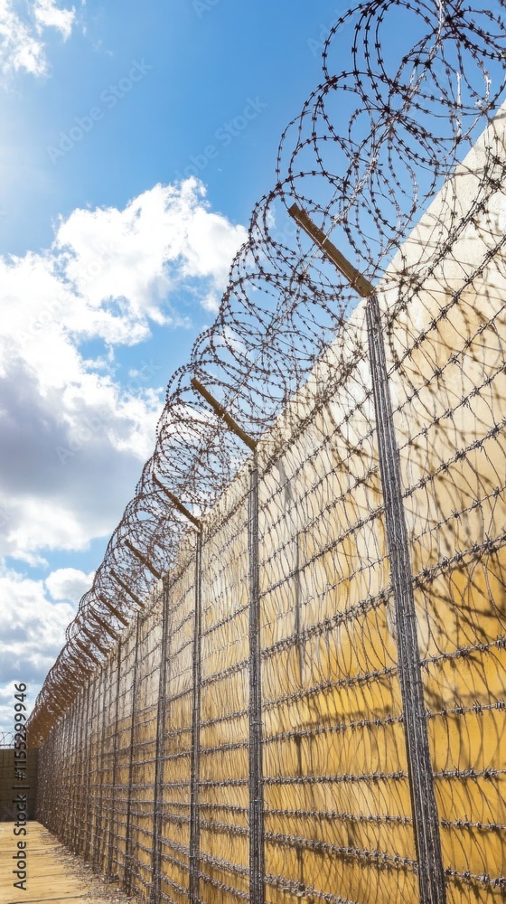 Obraz premium Barbed wire and razor wire protecting a high security perimeter fence