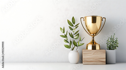 Celebrating achievement golden trophy display modern office still life minimalist close-up success motivation photo