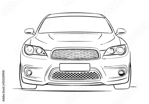 Minimalist Continuous Line Art of a Car Front View with Detailed Headlights, Grille, and Windshield