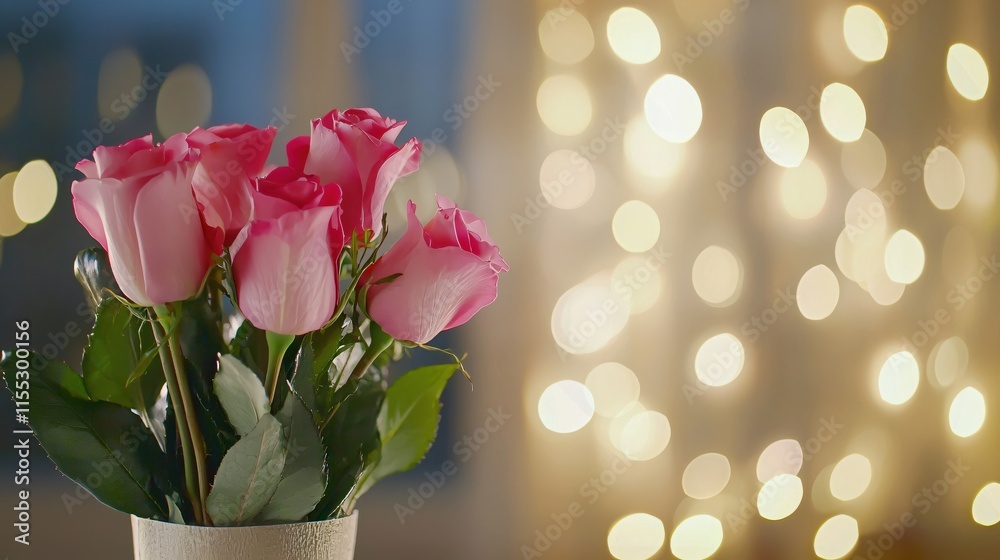 Pink Roses in a White Vase with Soft Bokeh Background