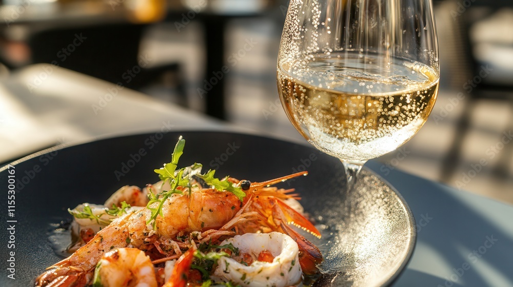 a glass of chilled white wine with condensation on the glass, served with a seafood dish on a sunny terrace. a glass of chilled white wine with condensation on the glass, served with a seafood dish on a sunny terrace.