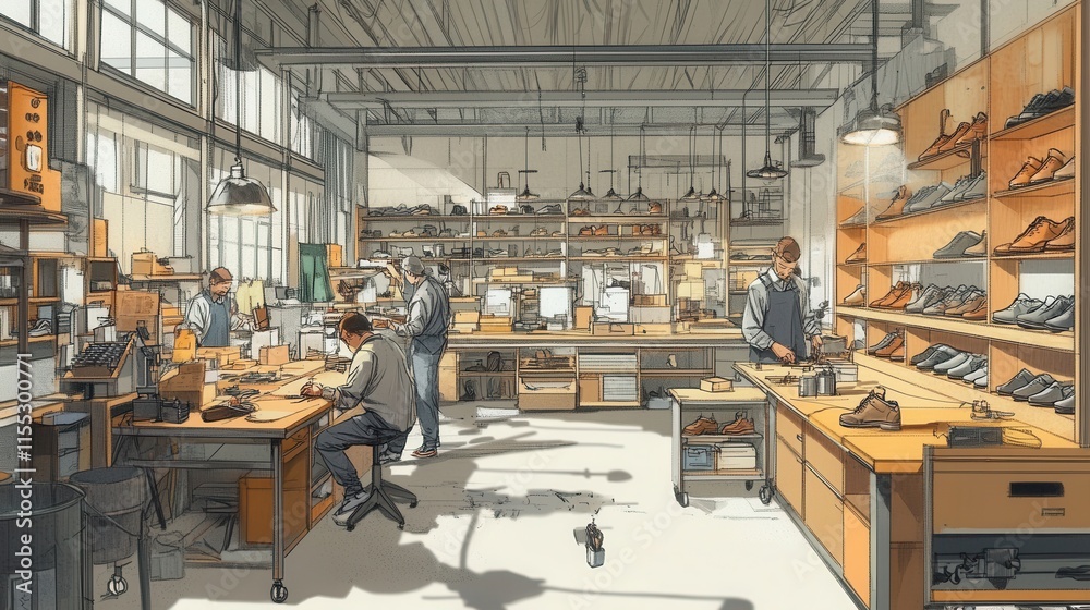 Naklejka premium a shoe manufacturing workshop with intricate detailing, workers assembling footwear, and tools neatly organized. 