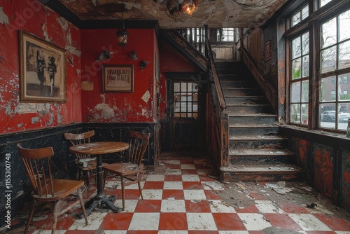 Abandoned restaurant cafe interior slung derelict forsaken outcast