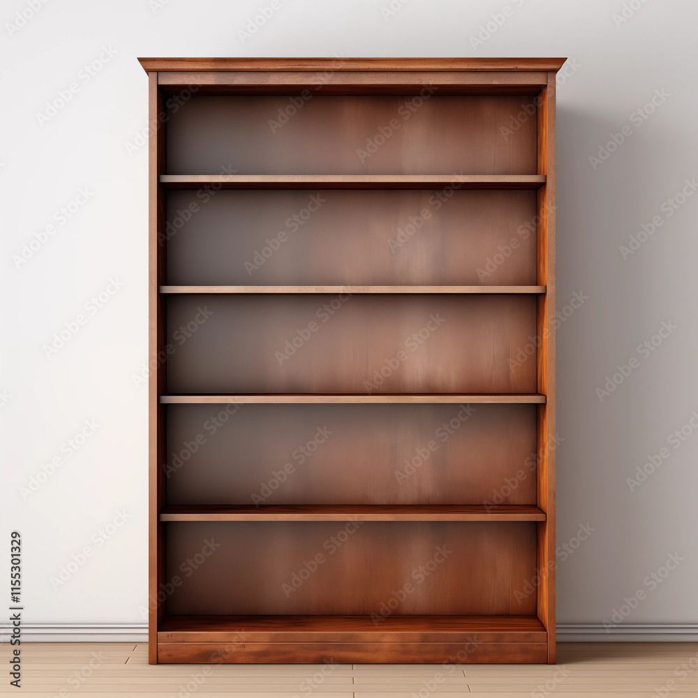 Fototapeta premium Empty Wooden Bookcase Five Shelves Modern Interior Design