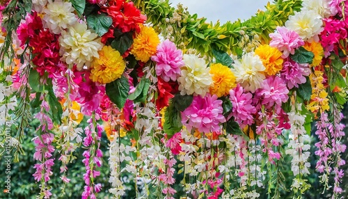 Colorful flower garlands hanging from a tree