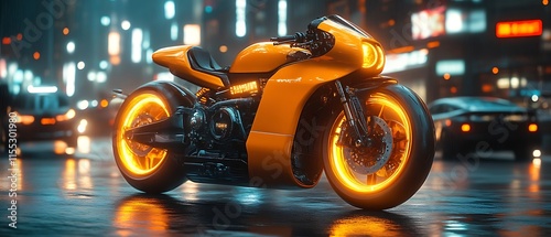 Futuristic orange motorcycle on city street. photo