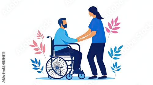 Caring Health Professional Assisting Patient in Wheelchair with Supportive Touch in Bright, Colorful Nature-Inspired Environment